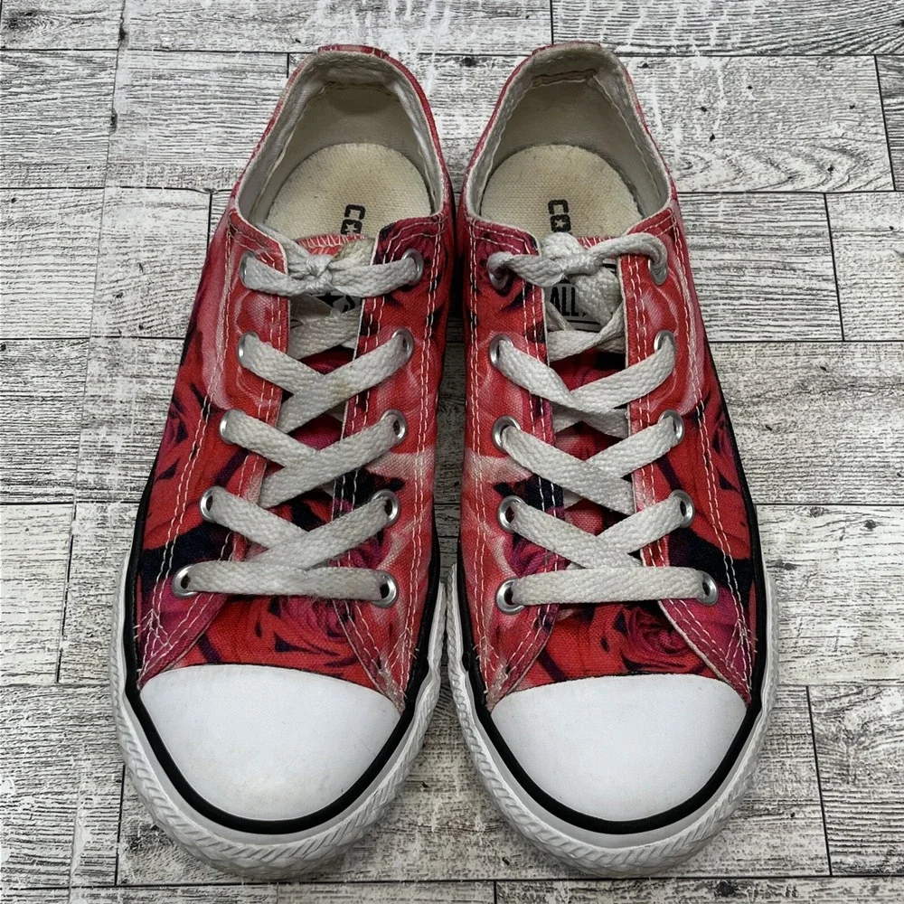 Converse All Star Youth Size 2 Roses‎ Pink White & Black Floral Canvas Lace Ups